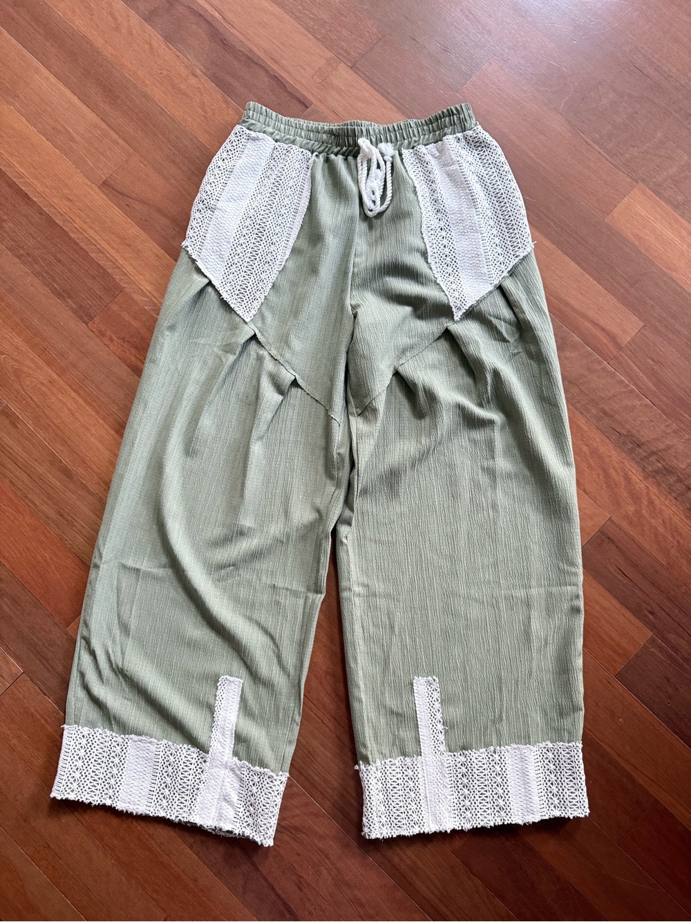 Light Olive Green Cropped Drawstring Pants with Crochet Trim